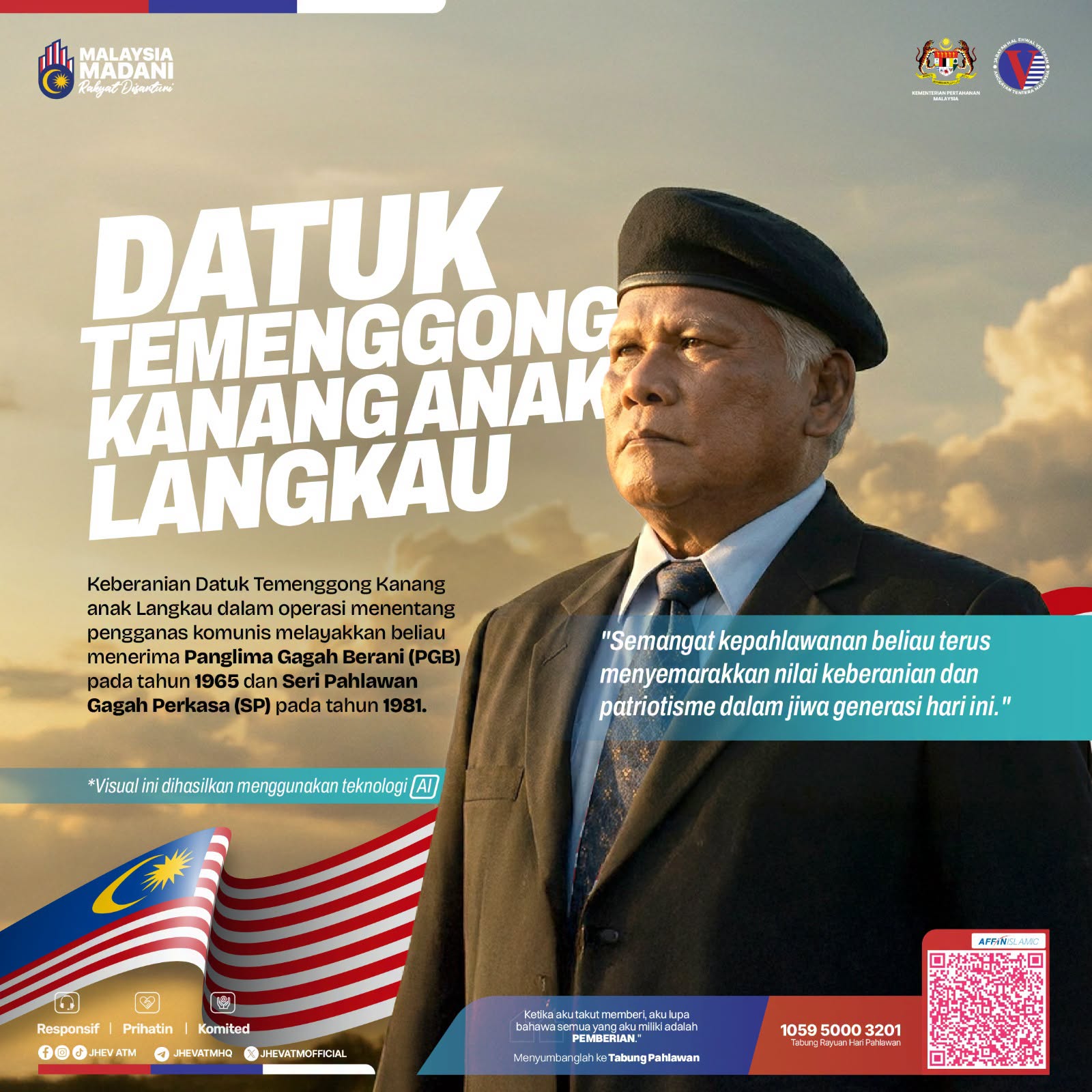 Potret Datuk Temenggong Kanang anak Langkau dengan latar bendera Malaysia dan bahan grafik kempen.