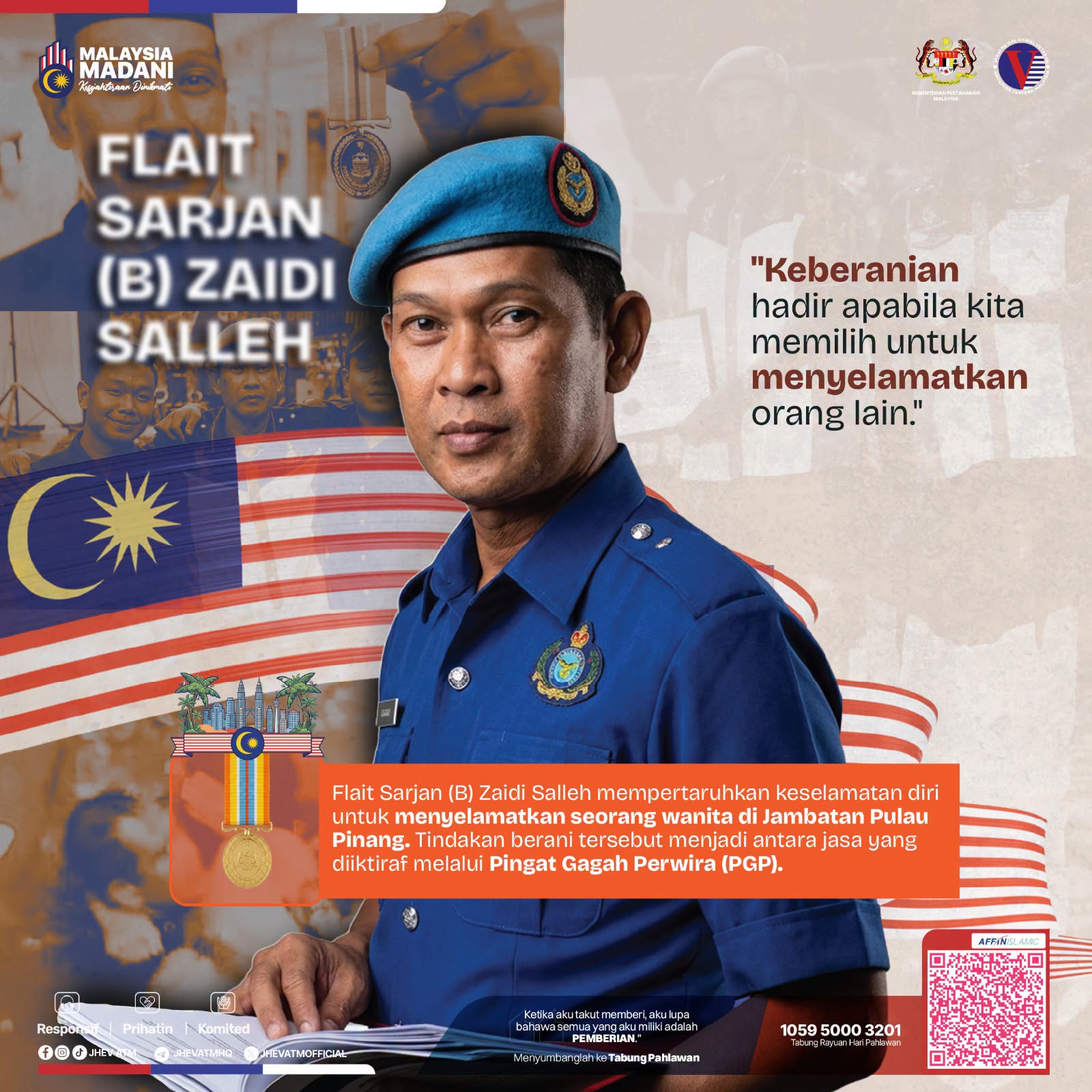 Potret Flait Sarjan (B) Zaidi Salleh dalam uniform biru dengan latar bendera Malaysia dan bahan grafik kempen.