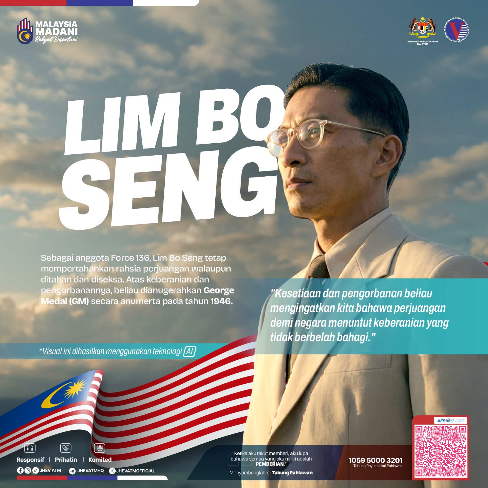 Potret Lim Bo Seng dengan latar langit, bendera Malaysia dan bahan grafik kempen.