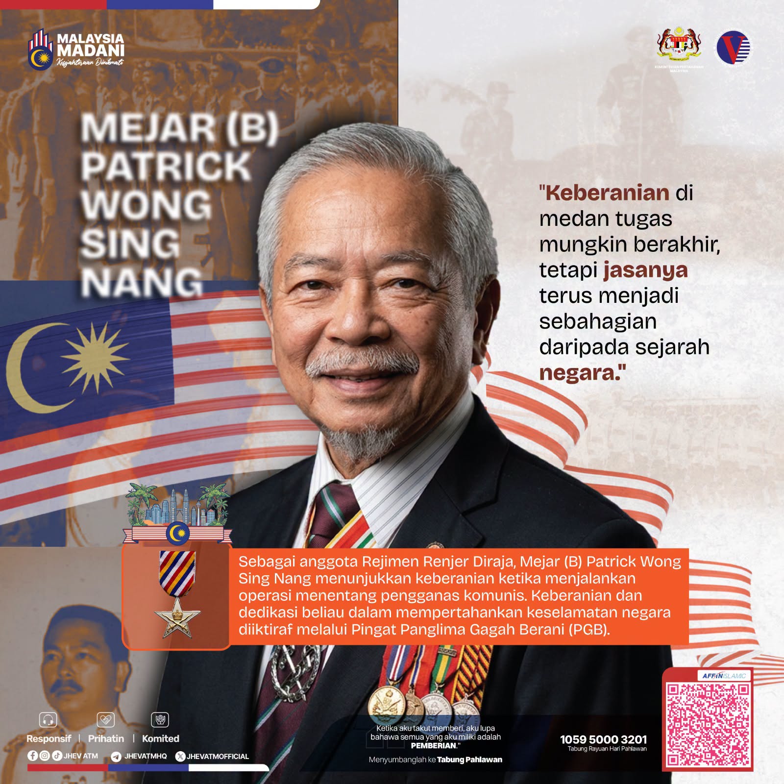 Potret Mejar (B) Patrick Wong Sing Nang dengan latar bendera Malaysia, anugerah PGB dan bahan grafik kempen.
