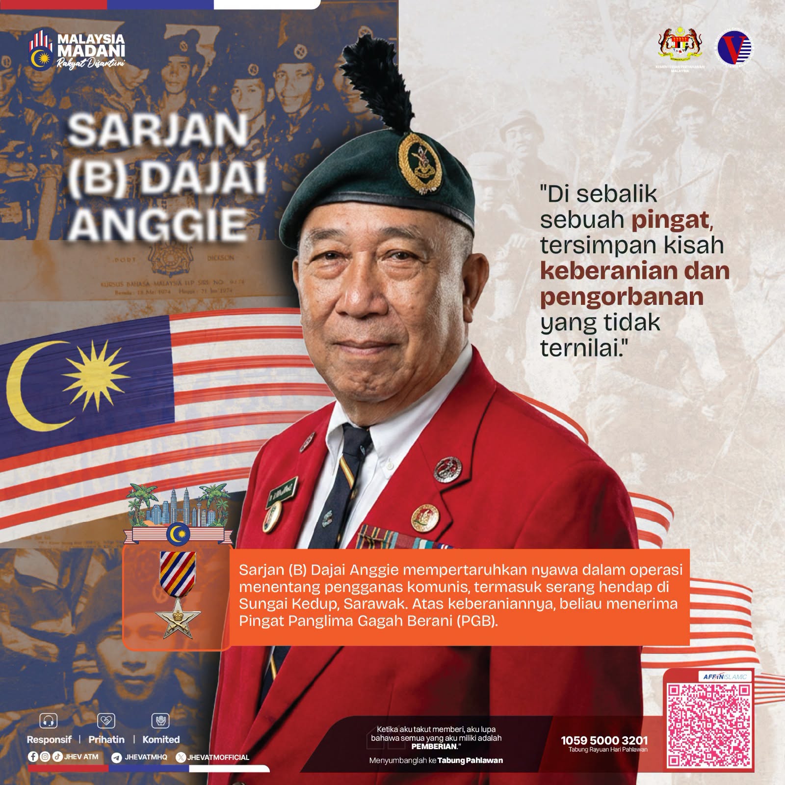 Potret Sarjan (B) Dajai Anggie dengan latar bendera Malaysia, anugerah PGB dan bahan grafik kempen.