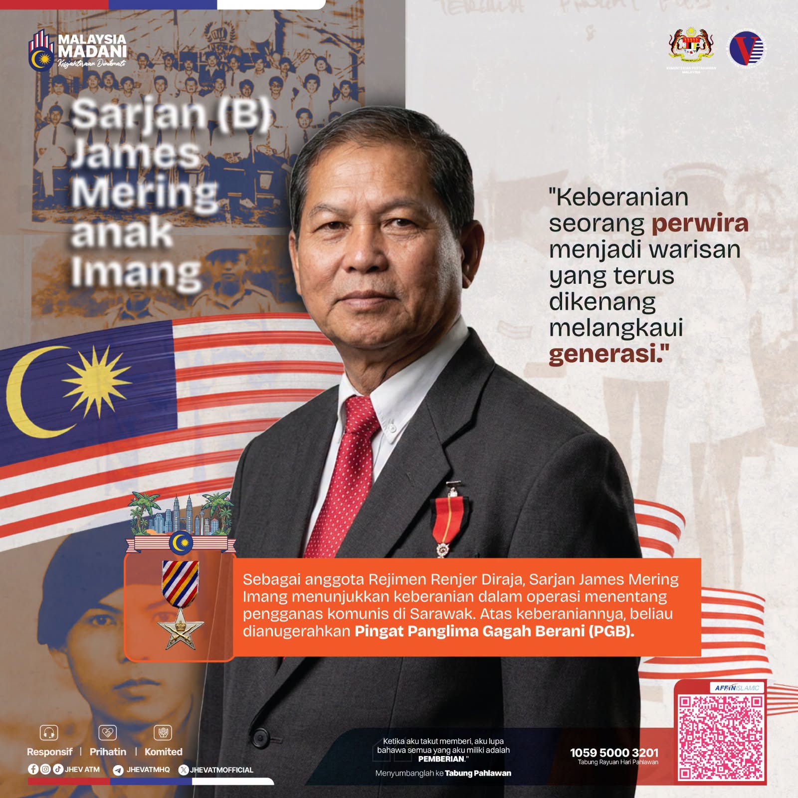 Potret Sarjan James Mering Imang dengan latar bendera Malaysia, anugerah PGB dan bahan grafik kempen.