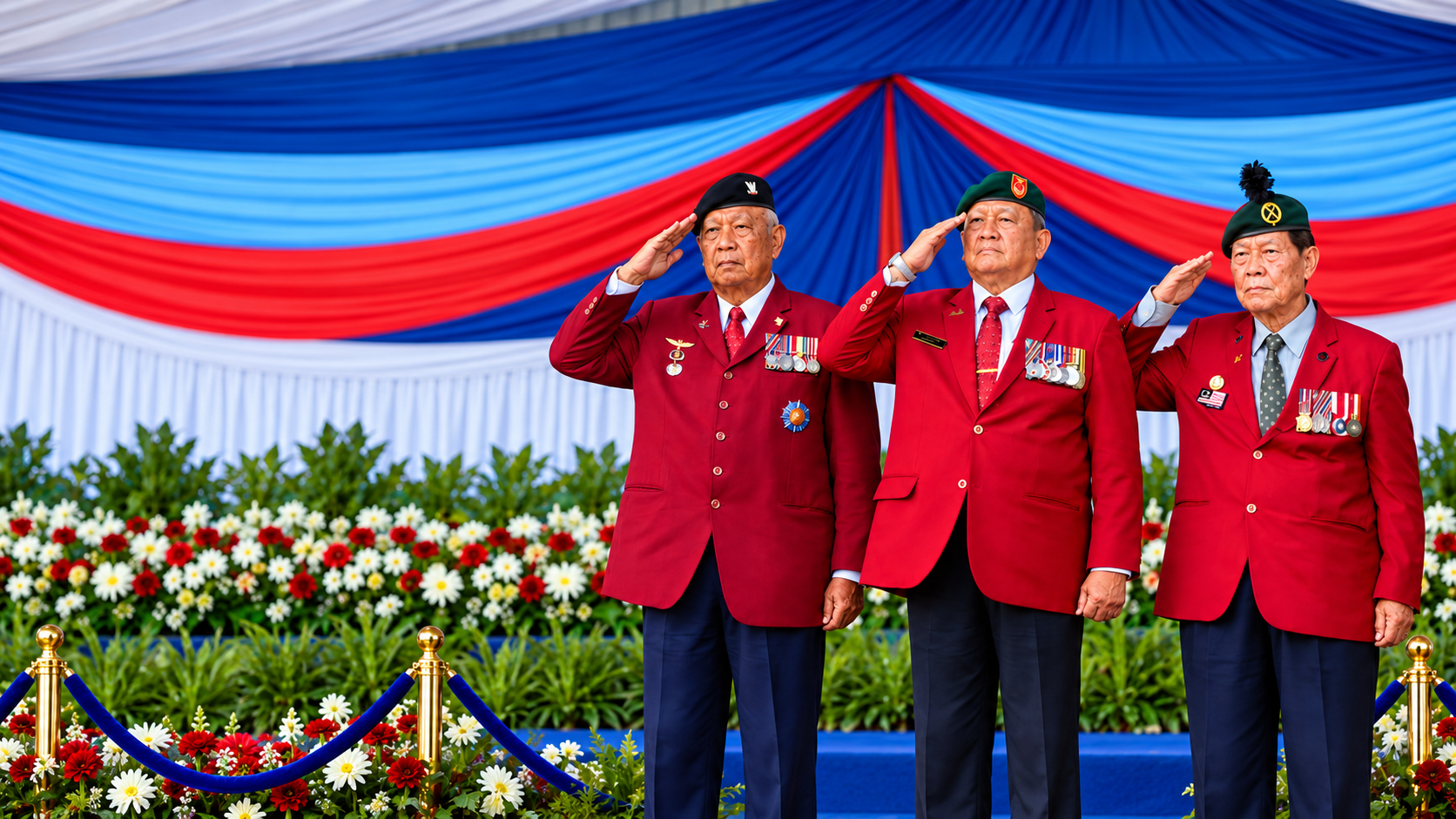 Tiga Veteran ATM dalam pakaian rasmi memberi tabik hormat di hadapan Jalur Gemilang.
